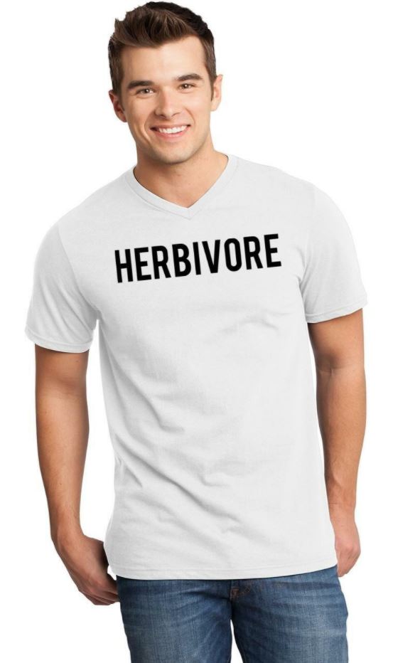 Men’s Herbivore V-Neck Animal Vegan Food Soft White T-Shirt Tee