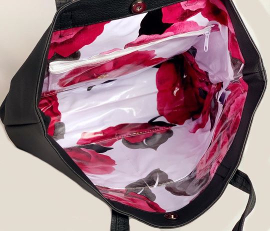 Women’s / Ladies’ Black / White & Red Roses Handmade Vegan Faux Leather Tote Shoulder Handbag / Purse!